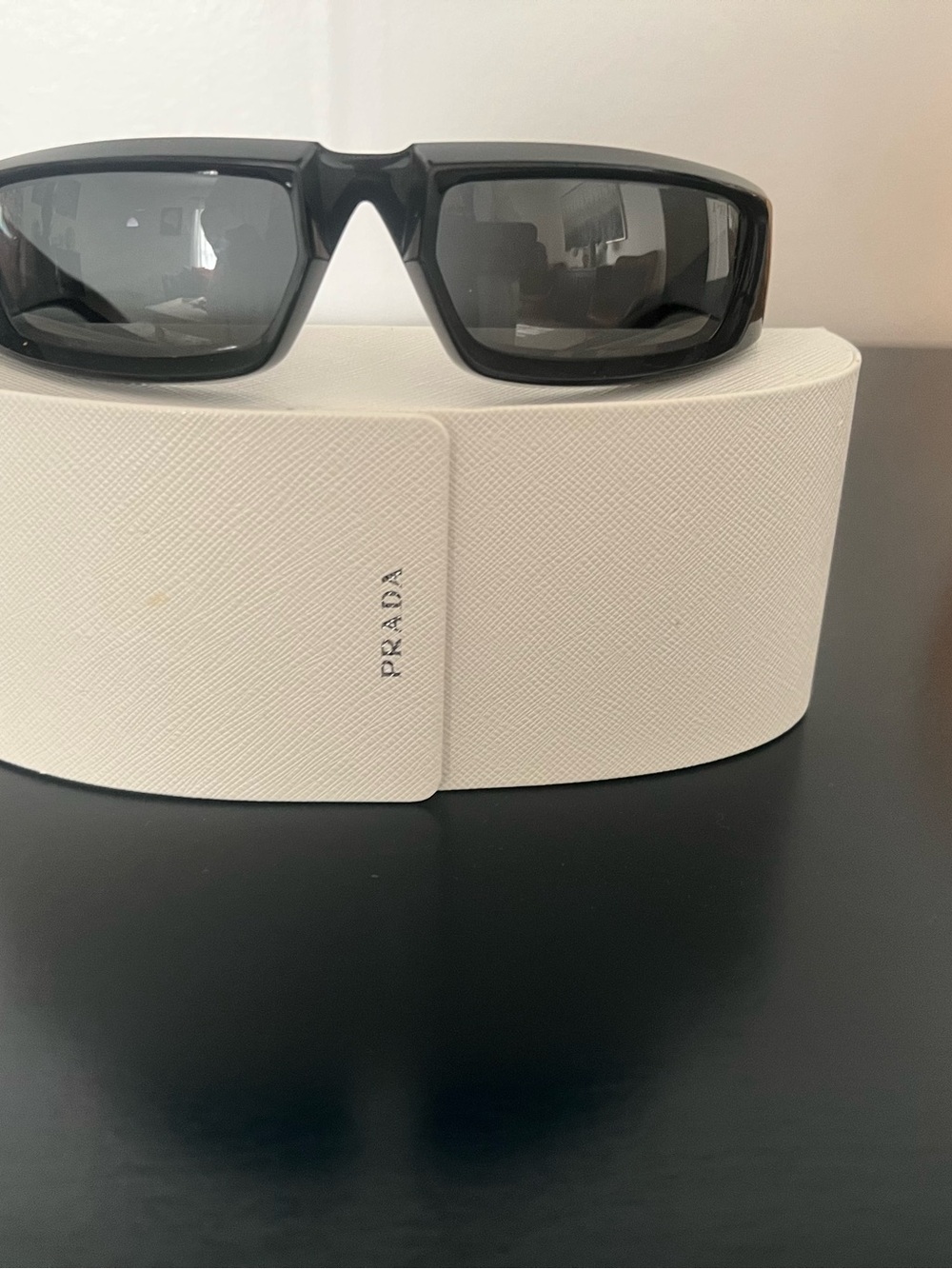 Prada Black Rectangular Sunglasses with Gray Lenses